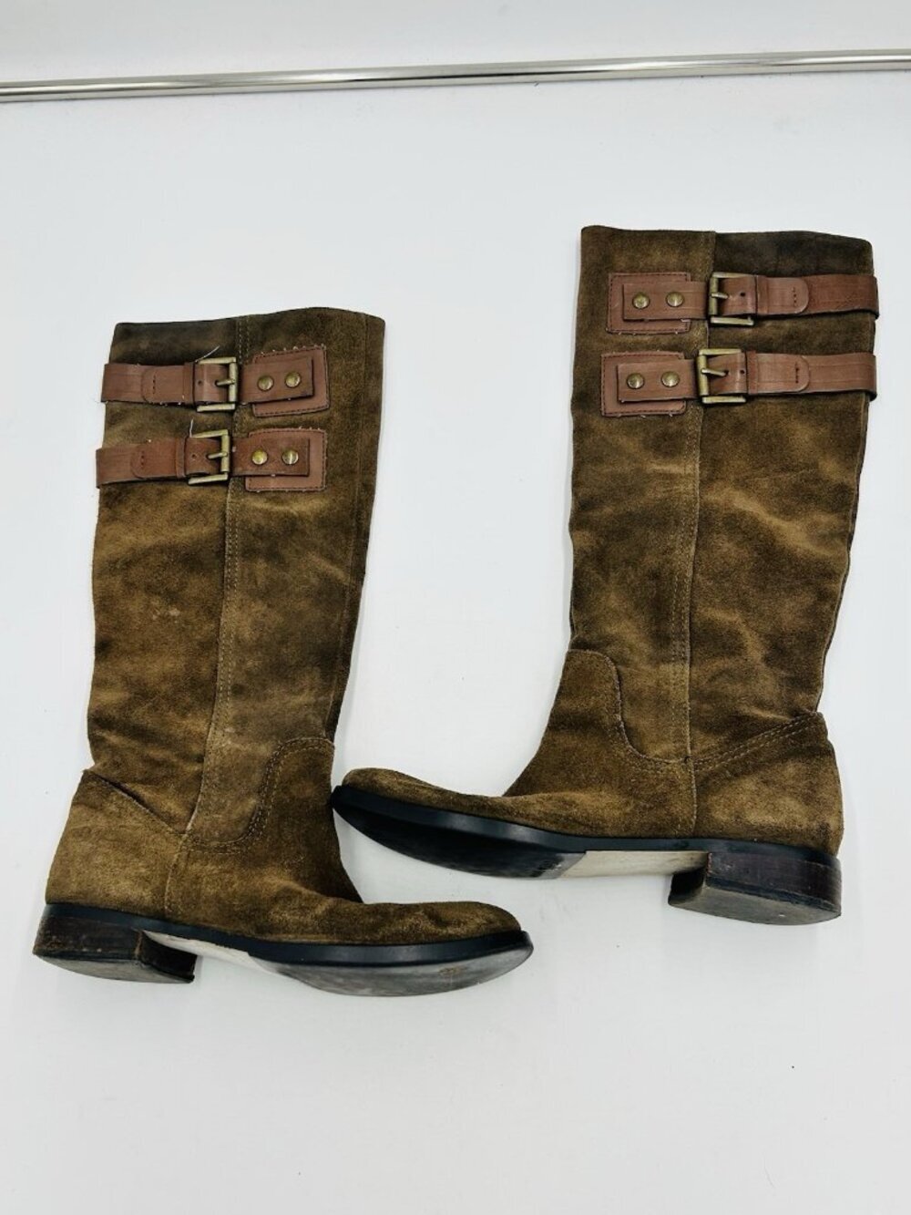 Nine West Taupe Brown Suede Tumble Tall Riding Boots Sz 9 Double Buckle